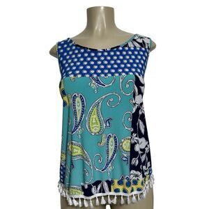 Pappagallo Paisley Print Tank Top Women’s XL Pom Pom Fringe Lightweight